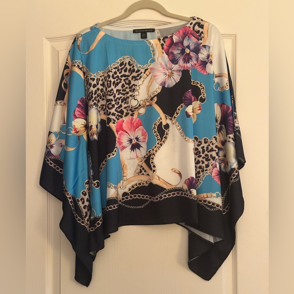 NWOT Boston Proper Charmeuse Blue Floral and Leopard Print Blouse